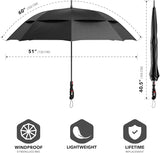 Black golf oversized umbrella shown open and closed with labels displaying canopy width and height