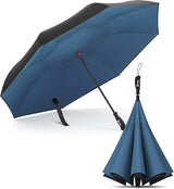 The Reverse Repel Umbrella in Navy is pictured. In the background, the reverse windproof umbrella is opened. In the foreground, the umbrella is in it's closed state showing off its technology. Both umbrellas are black.