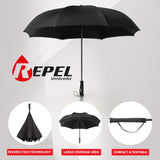 Black Repel reverse umbrella open beside logo, with three images below highlighting its features.