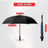 Navy Reverse Umbrella shown open and closed with size labels for canopy, width, and height