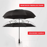 Black Reverse Repel Umbrella displaying fiberglass frame with labels for frame and ergonomic handle