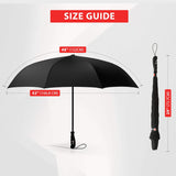 Black reverse umbrella shown open and closed, with labels displaying canopy, width, and height.