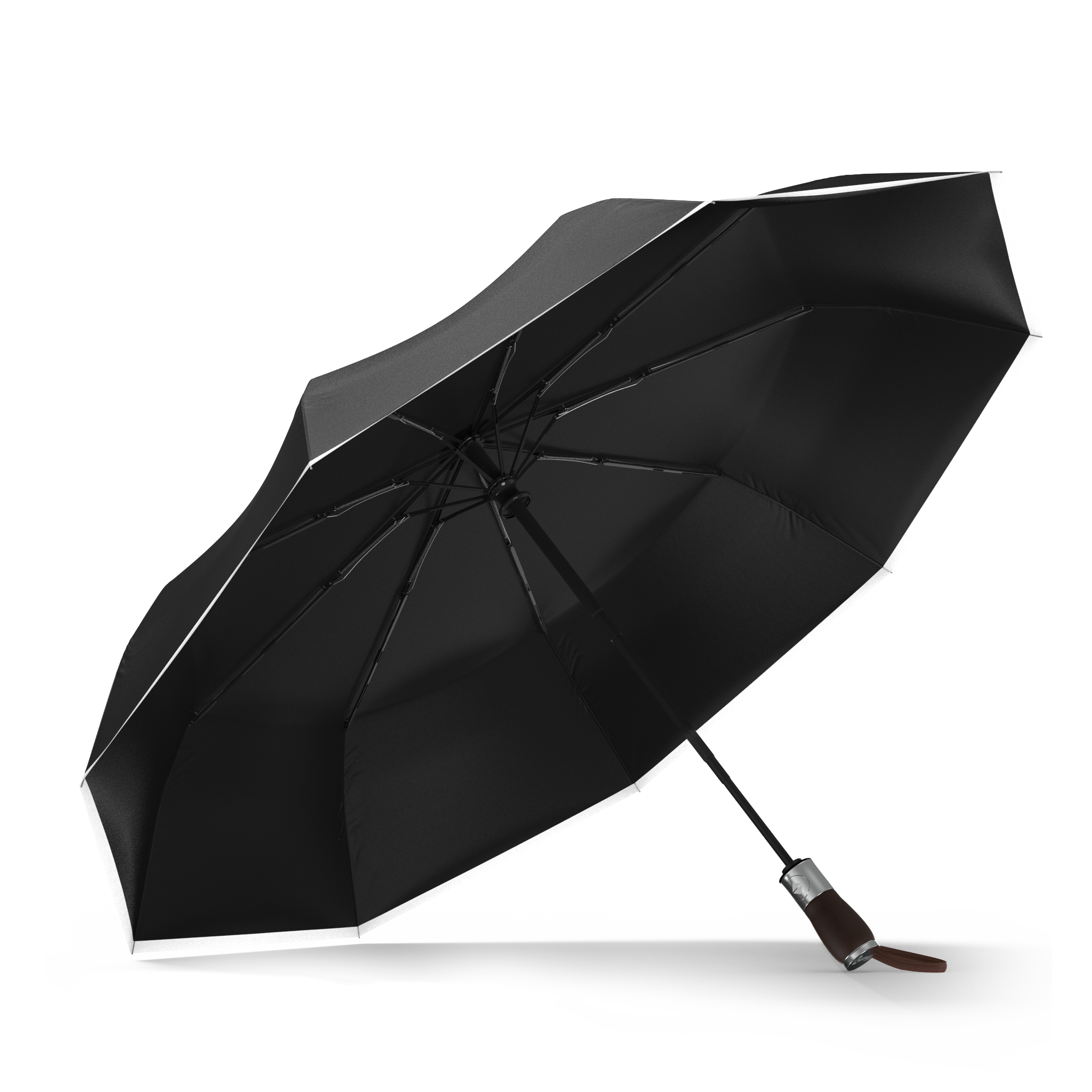 The Black, Premium Best-Selling Windproof Compact Travel Umbrella is pictured on it's own, open and leaning to the left.