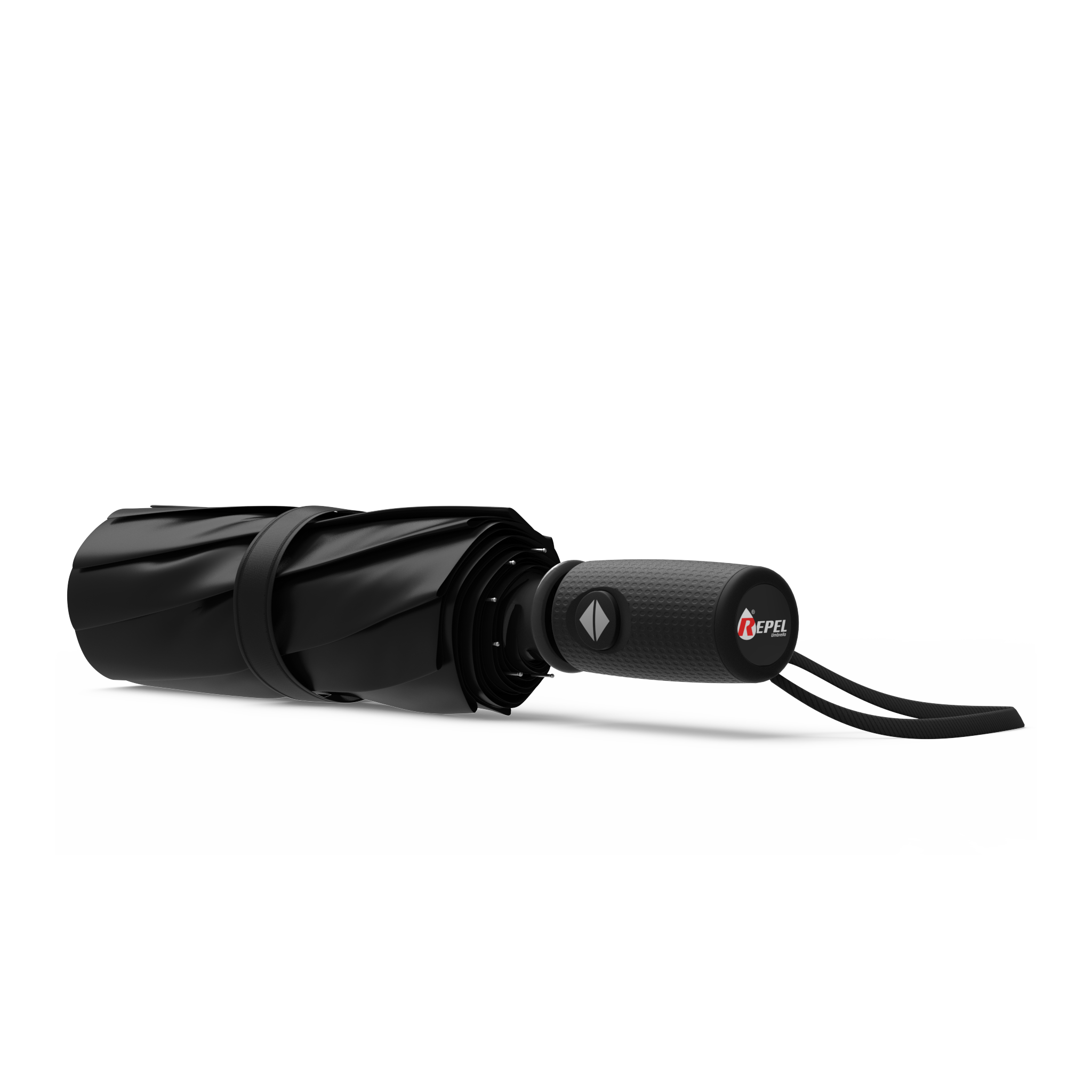 An image of a closed, black colored travel Repel umbrella. 