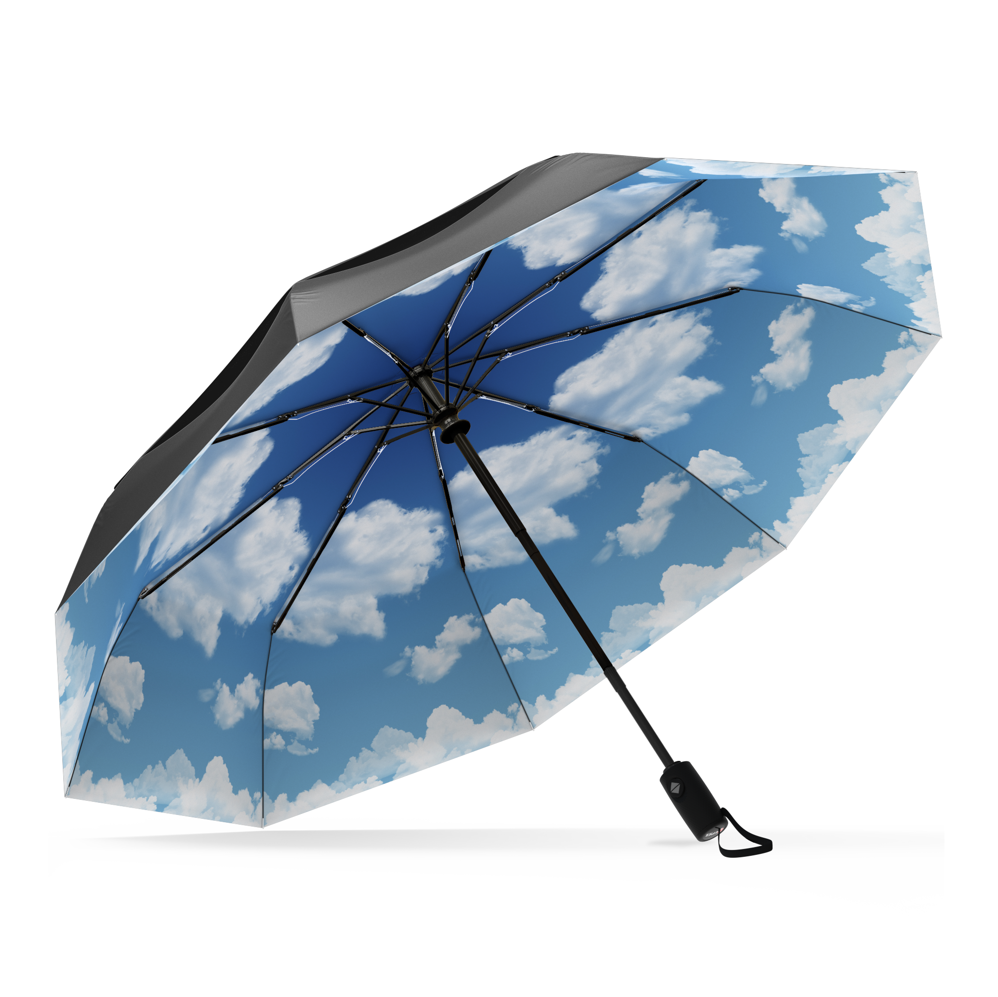 Blue Sky windproof compact umbrella, open and leaning left, with black canopy and sky interior.