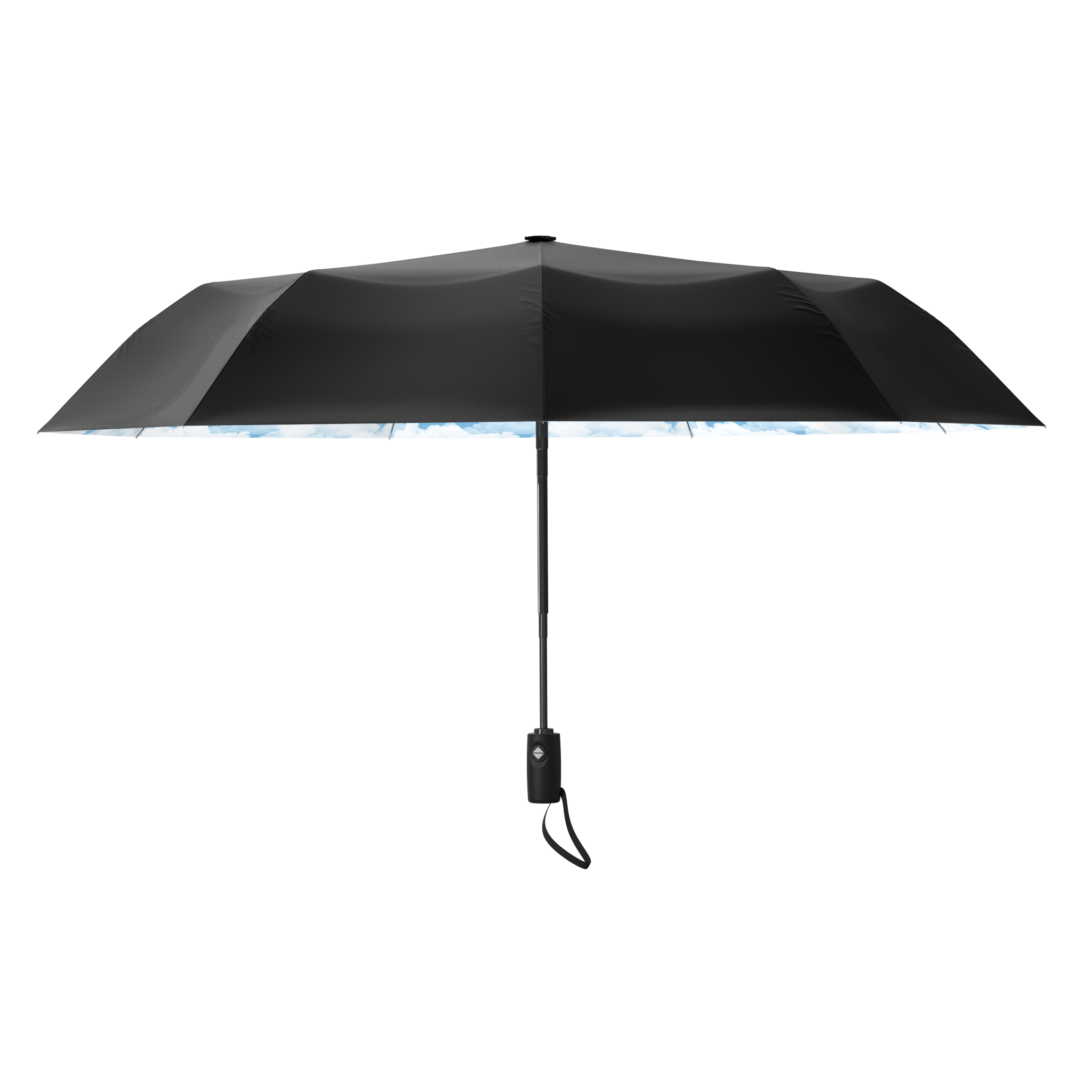 An image of the profile view of a black and blue sky colored, open travel Repel umbrella.