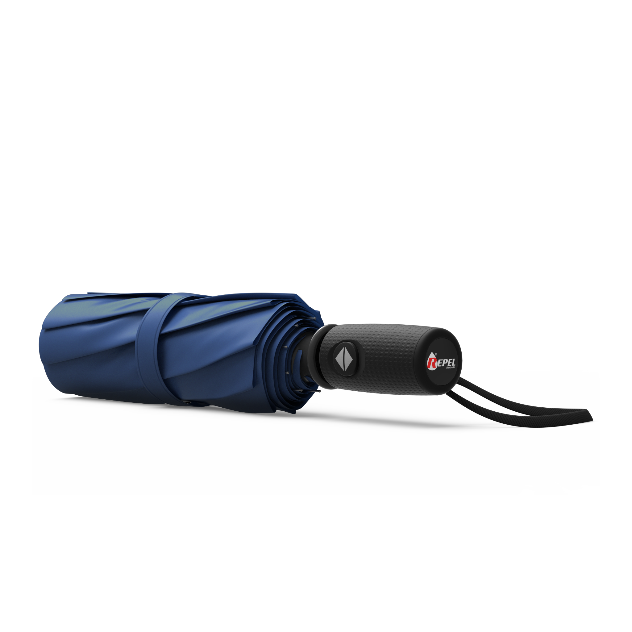 An image of a closed, navy blue colored travel Repel umbrella. 