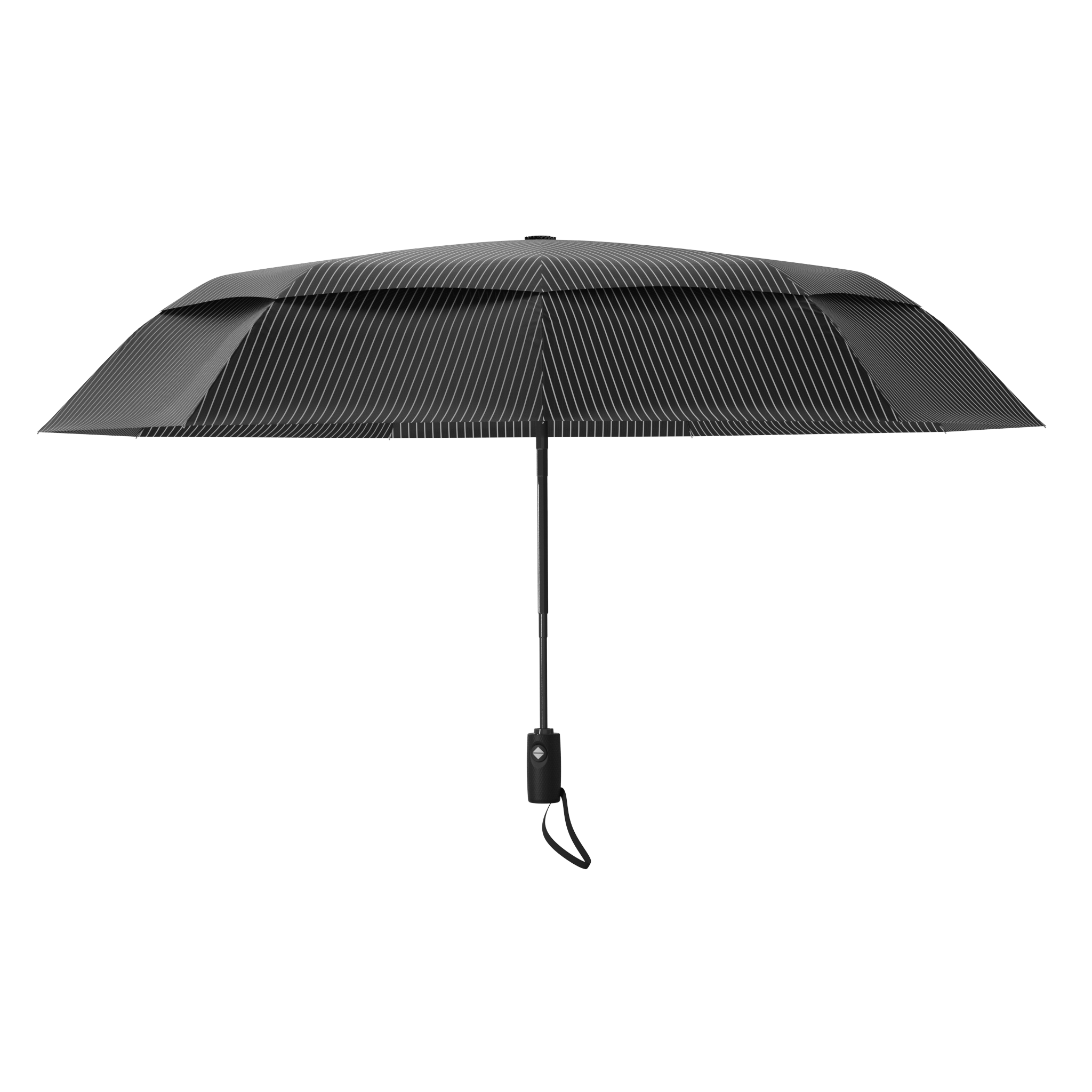 An image of the profile view of a pinstriped colored, open travel Repel umbrella.