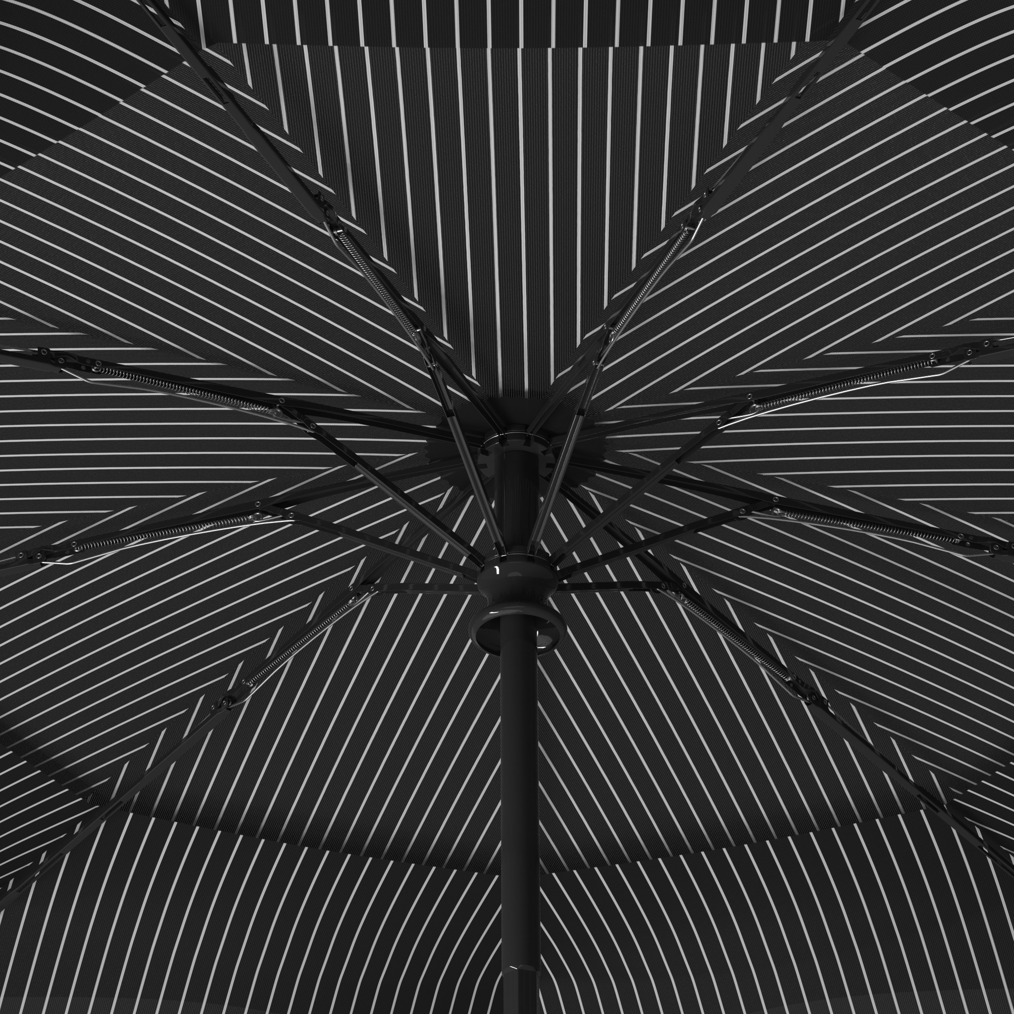 A zoomed in shot of the reinforced fiberglass frame and ribs of the repel windproof automatic and compact best seller umbrella by Repel Umbrella in a pin striped pattern