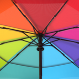 Close-up of Repel's windproof compact umbrella frame and ribs, featuring a rainbow canopy.