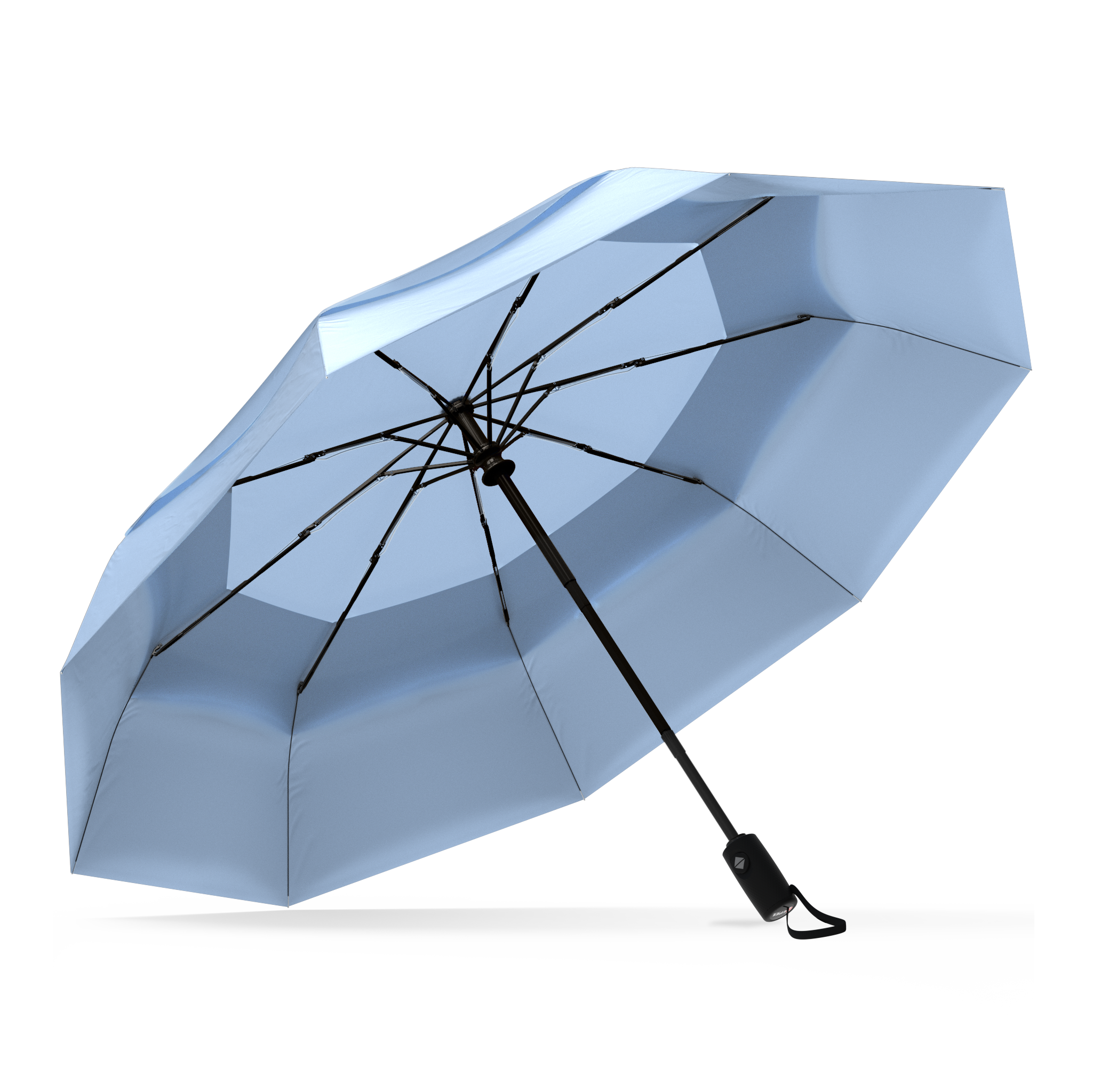 The Slate Blue Top Best-Selling Windproof Compact Travel Umbrella is pictured on it's own, open and leaning to the left. 