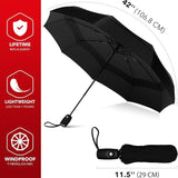 Black compact windproof umbrella with 42" canopy, 11.5" closed length