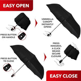 Black umbrella showing button-activated open/close: press to open, press again, then click to close