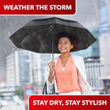 Person holding an umbrella with "Weather The Storm" and "Stay Dry, Stay Stylish" against rain