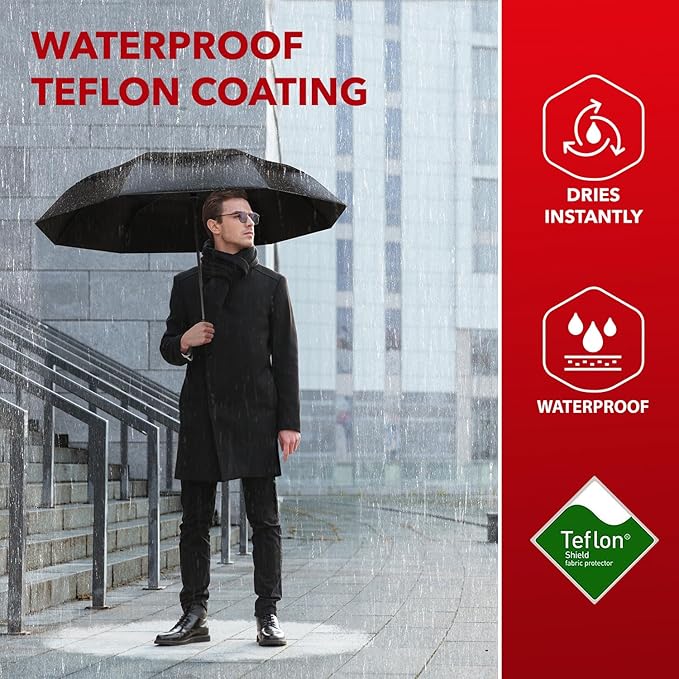 Person holding an umbrella with text promoting waterproof Teflon coating. Dries instantly. Waterproof.