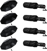 Four black umbrellas in open and closed positions on a white background.